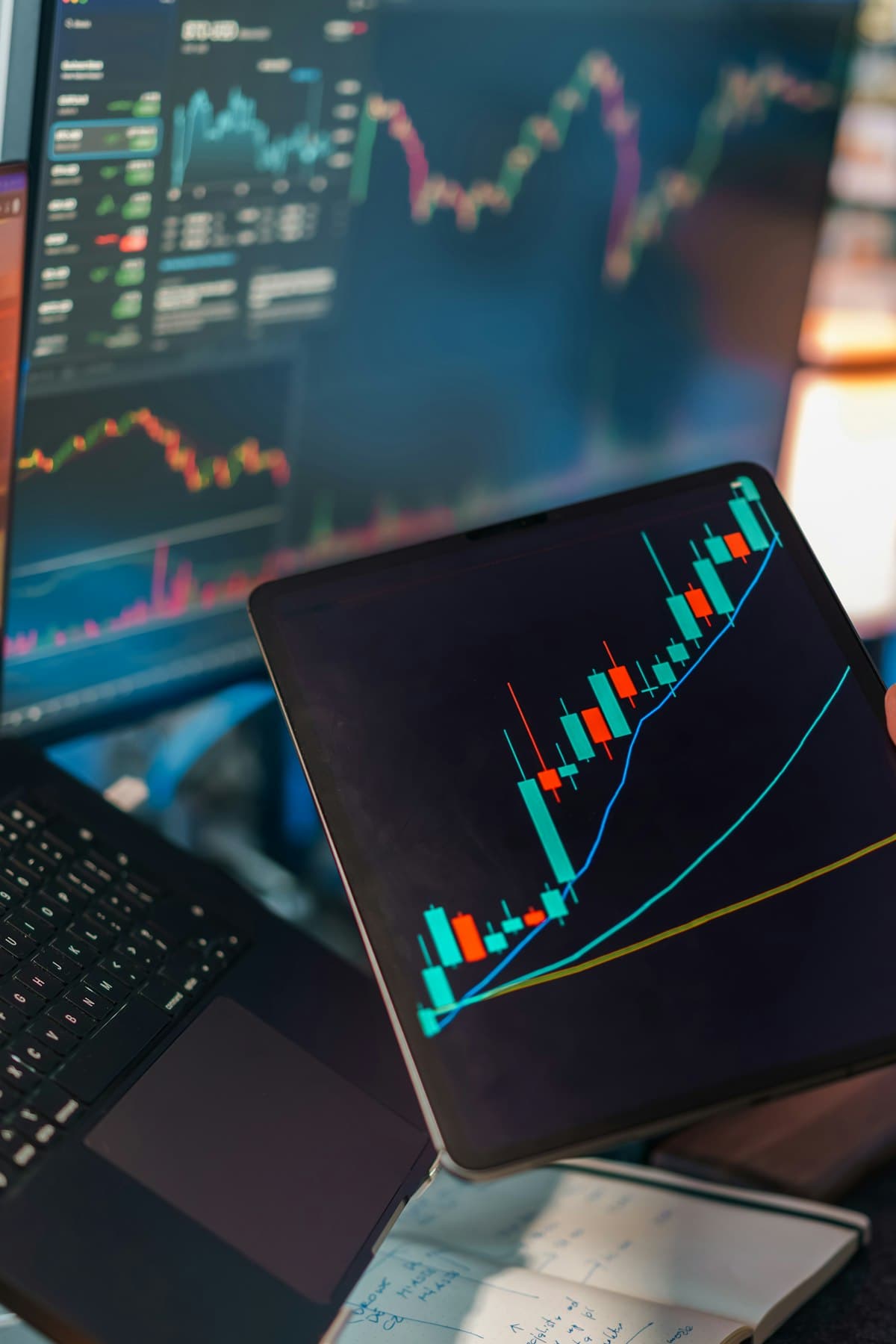 Beberapa layar monitor menampilkan grafik data yang berbeda-beda secara bersamaan di meja kerja.